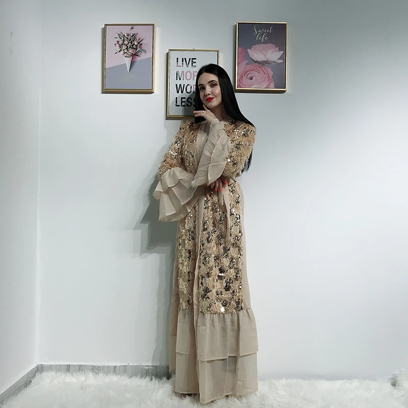 Sequin кимоно с бахромой Abaya Дубай Кафтан Ислам Мусульманский хиджаб платье Абая для