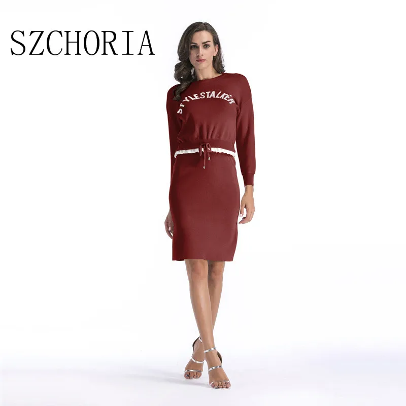 SZCHORIA новое поступление женское платье 2 шт. с длинным рукавом модный свитер осень
