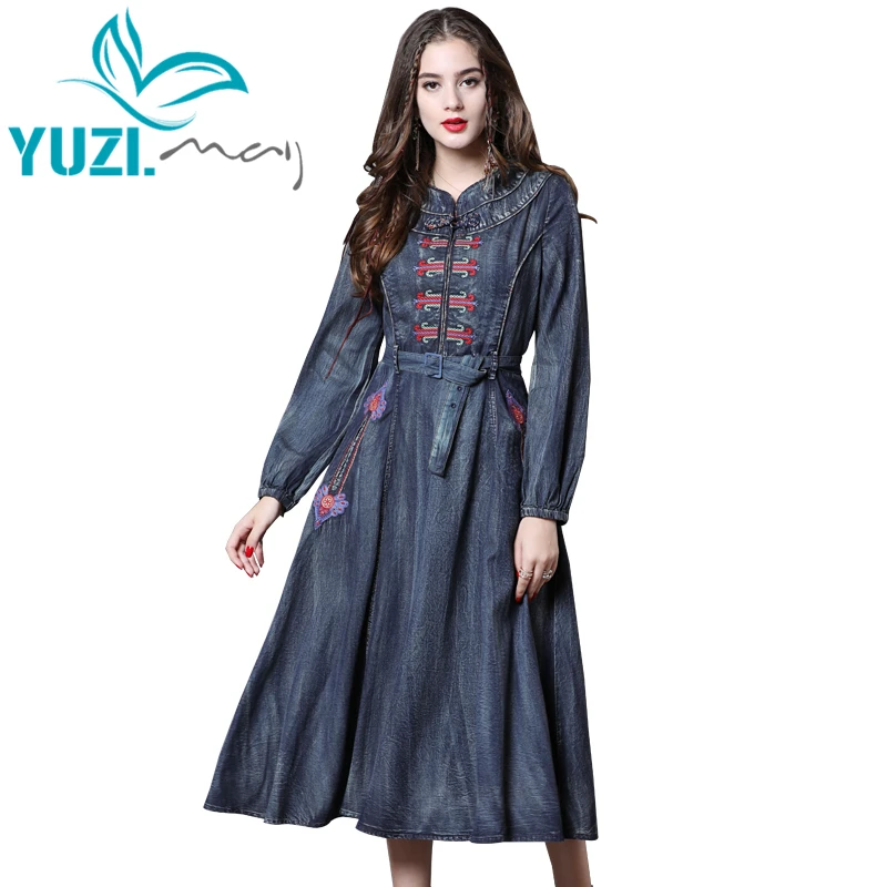 

Платье женское джинсовое с воротником-стойкой и рукавами-фонариками