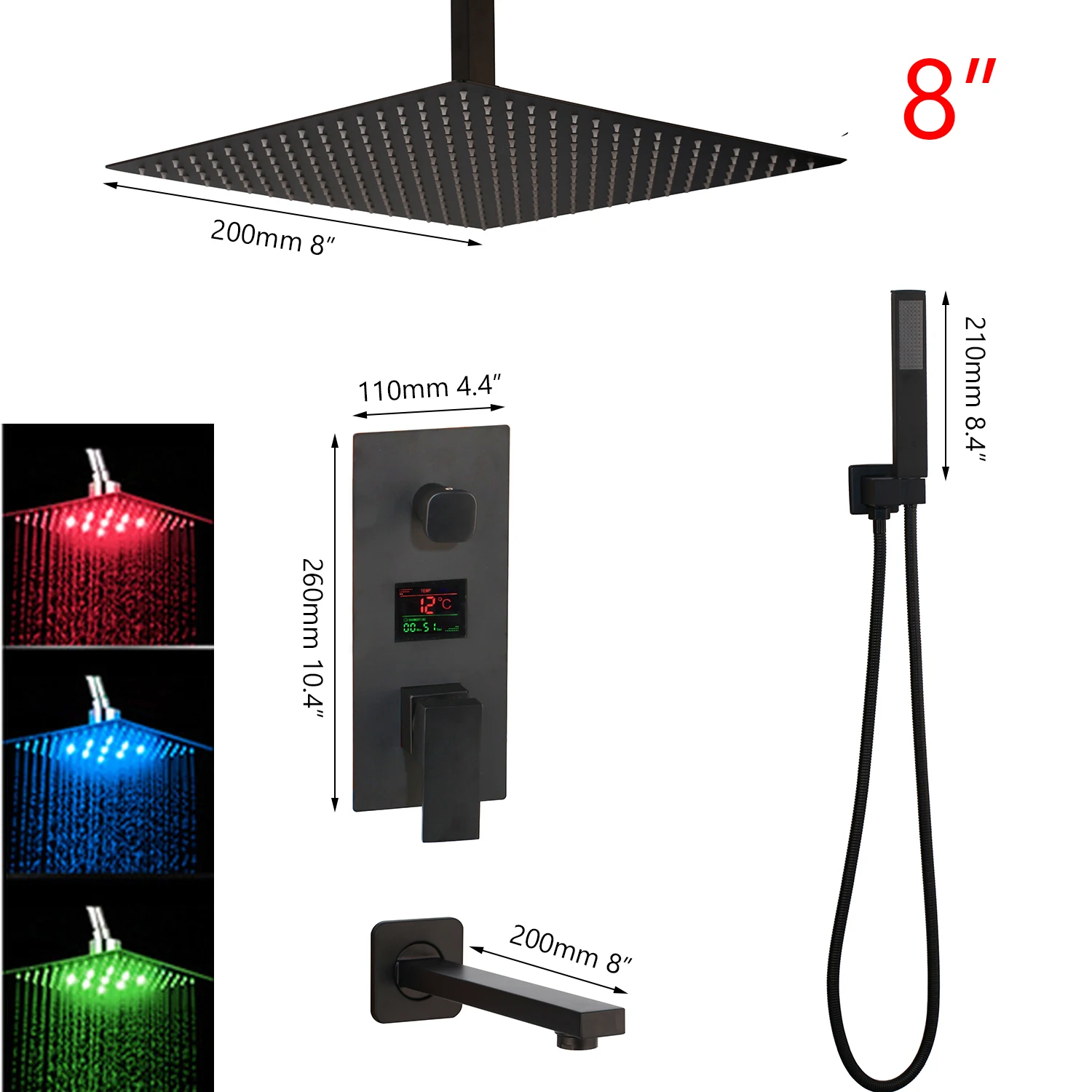 8 inch with led KEMAIDI черная латунная душевая головка с цифровым дисплеем, смесители для ванной комнаты, смеситель для душа, 3 функции, набор цифровых душевых смесителей - Цвет: 8 inch with led