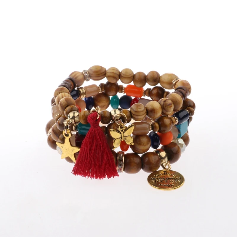 OIQUEI/ ; 4 шт./компл.; женские модные ювелирные изделия; Комплект браслетов; Boho; винтажный многослойный деревянный браслет с подвеской; Femme - Окраска металла: HXB032-2