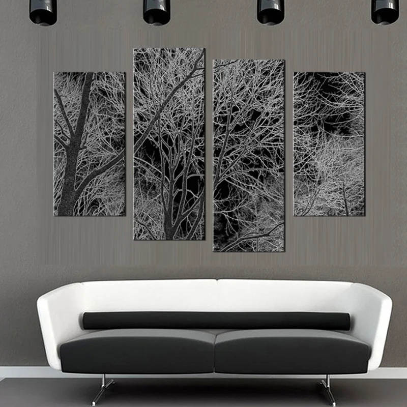 4 pieces / set Black White Tree Canvas Painting Poster Wall Pictures For Living Room Home Decoration Art | Дом и сад
