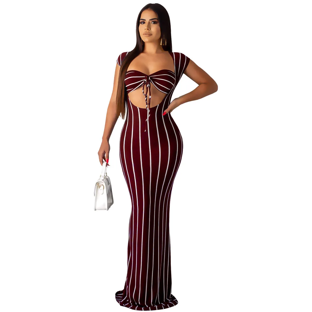 Wine Red Черный, Белый Цвет Полосатый сексуальное богемное платье Для женщин праздничное платье с бантом на поясе ремешок Бандажное платье с вырезом Макси летнее платье с завышенной талией Короткий рукав Пляжные наряды - Цвет: Wine Red
