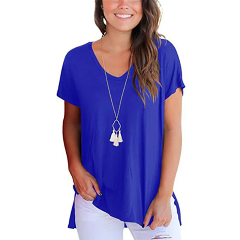 2019 Summer Tops for Women Solid Short Sleeve T Shirt Casual V Neck Fashion Side Split Loose Femme Tee | Женская одежда