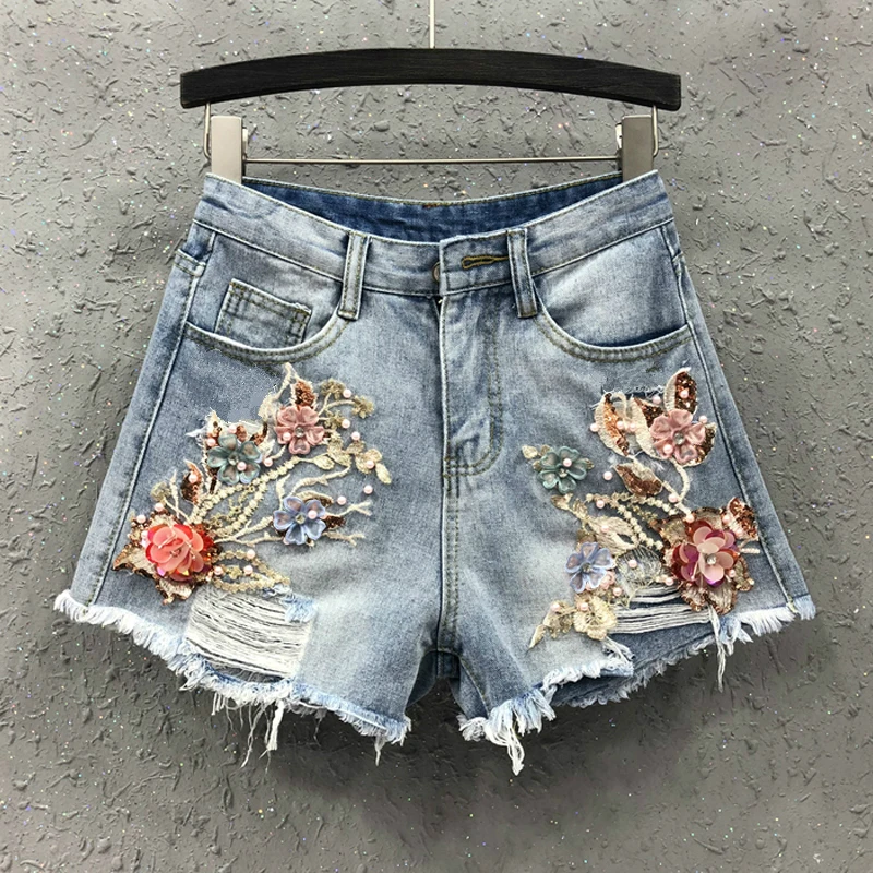 

Summer Fashion Women Lady Embroidery Beading Flower Ripped Hole Denim Shorts , Womens Sequins Wide Leg Tassel Jeans Shorts
