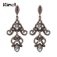 kinel vintage crystal flower drop earring for women ethnic bride jewelry antique gold color dangle earring arabesque bijoux