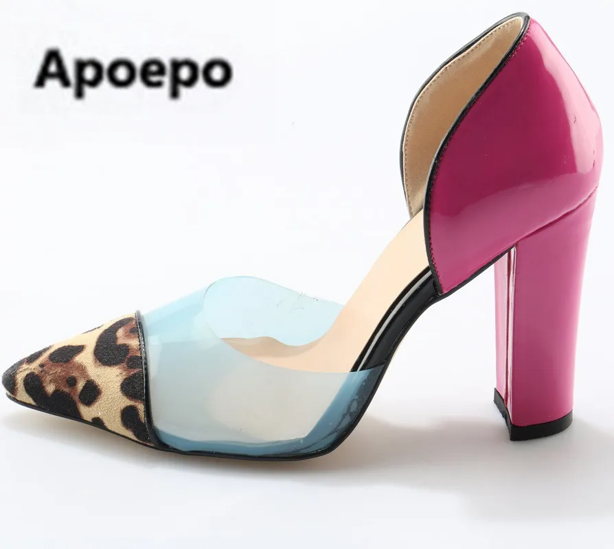 

Sexy Fashion Transparent Colorblock Leopard Pumps Slip On Pink Chunky Women Party Shoes High Heels Pumps Size 42