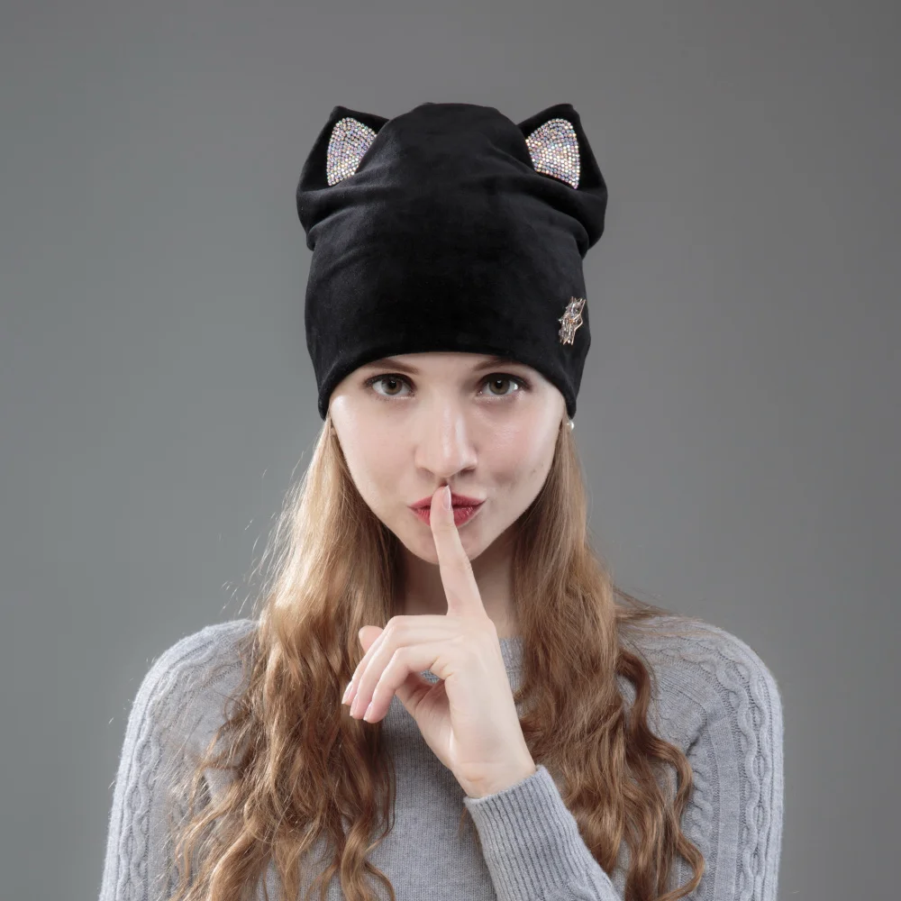 Дизайн, женские шапочки, Skullies, для девушек, милая, Осень-зима, шапка с кошачьими ушками, блестящие стразы, металлические, цветочные, зимние шапки