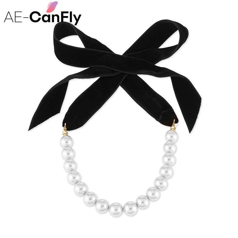 Charm Black Long Ribbon Choker Necklace Women Pearl Beads Neck Jewelry New Year Gift Wholesale NX017|gift material|gifts housewarminggift box clear