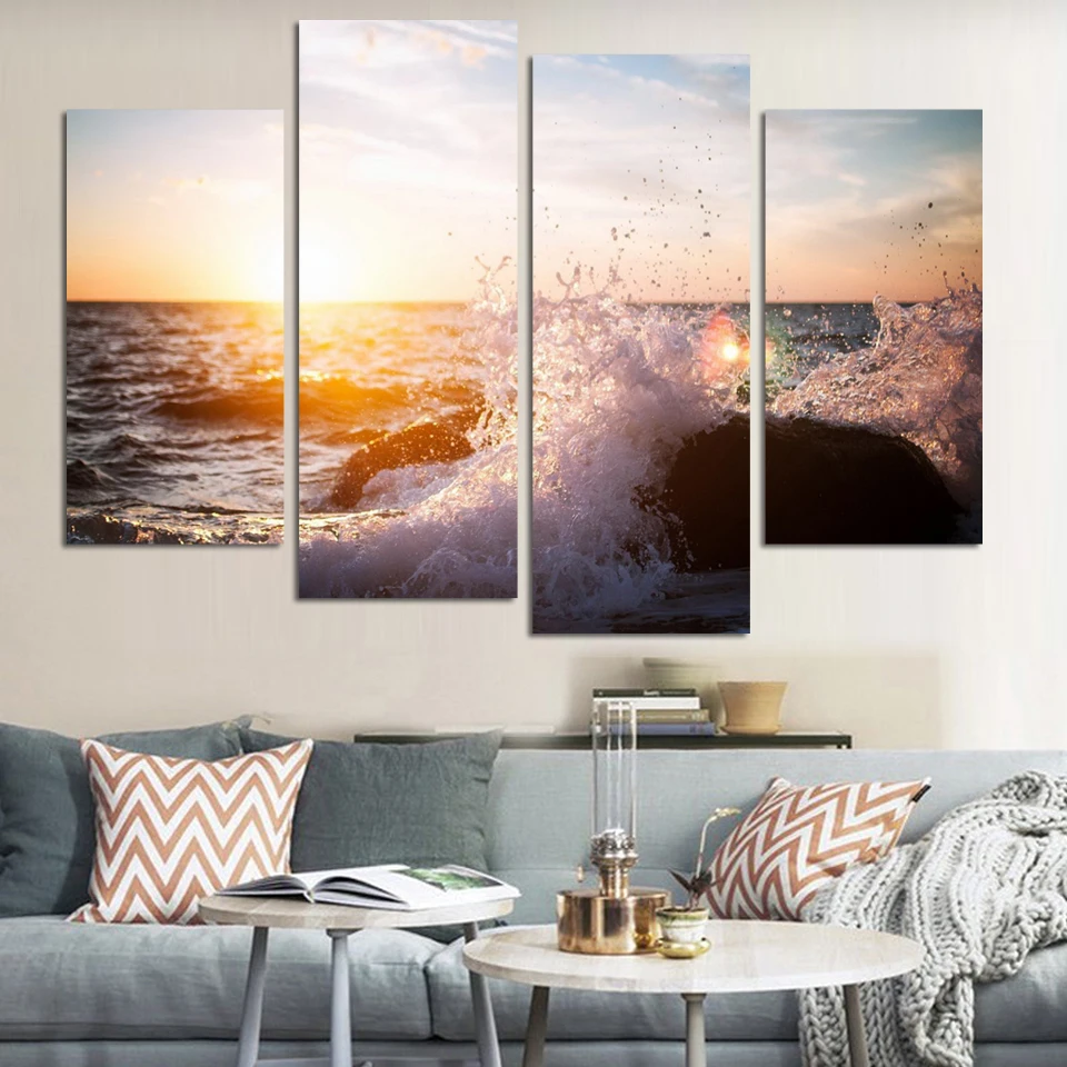 

4 Panel Free shipping Wall Poster Art Abstract Seascape Wave Group Painting On Canvas For Wall Decor Ready To Hung At Wall