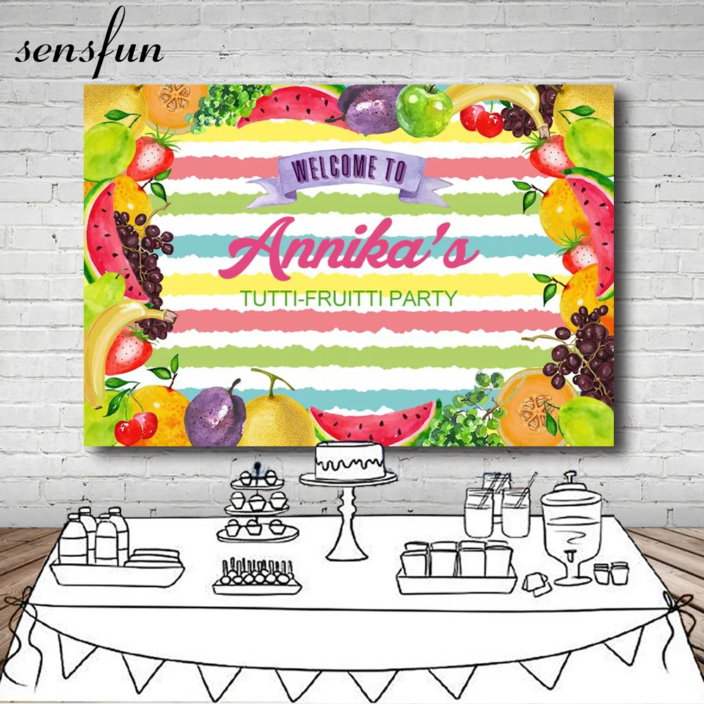 

Задний фон для фотосъемки с изображением всех фруктов арбуза клубники винограда оранжевого банана груши летнего дня рождения
