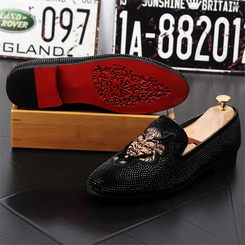 Handmade Black Rhinestone Shoes Luxurious Men Leather Loafers Fashion Party And Wedding Men's Casual Embroidery D50 | Обувь