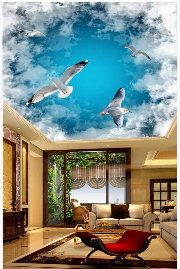 Пользовательские фото обои 3d потолочные голубое небо белые облака Чайка потолок