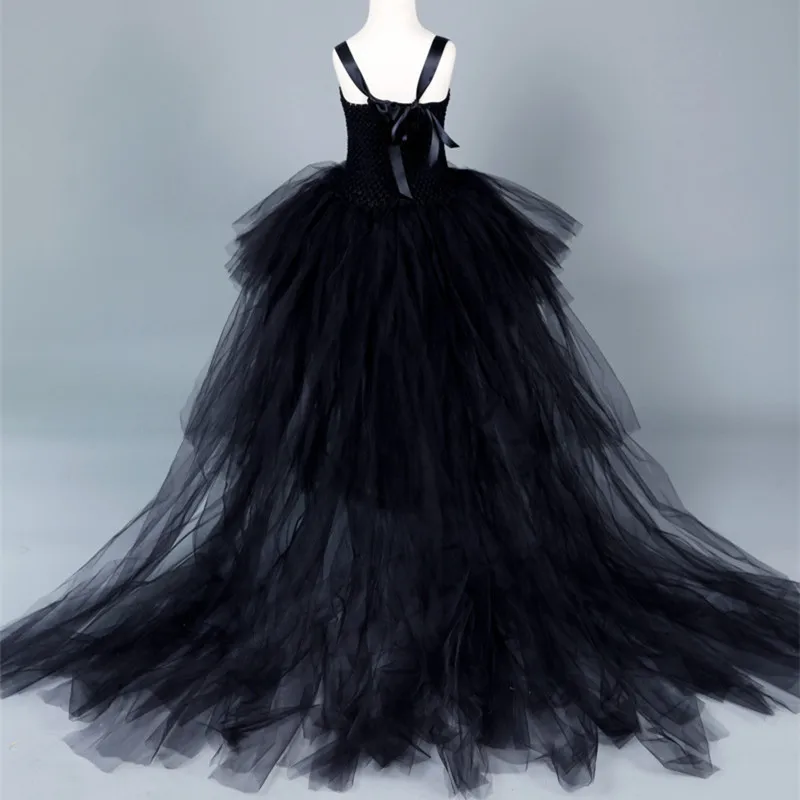 Черное платье-пачка для девочек со шлейфом Тюлевое бальное платье детское с