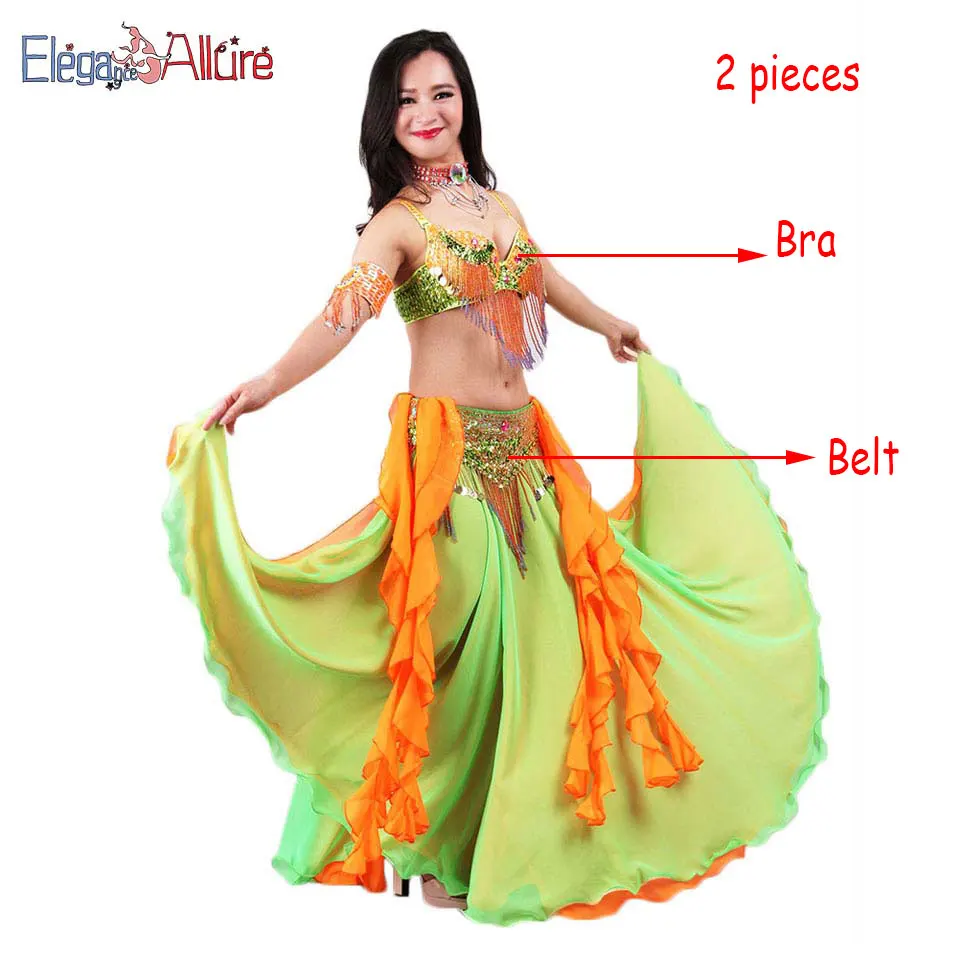 Green 2pcs BRBE E& A, 5 шт., набор для танца живота, модный костюм для танца живота, женский бюстгальтер, пояс, юбка, наборы, длинное платье, ожерелье, браслет, одежда для выступлений - Цвет: Green 2pcs BRBE