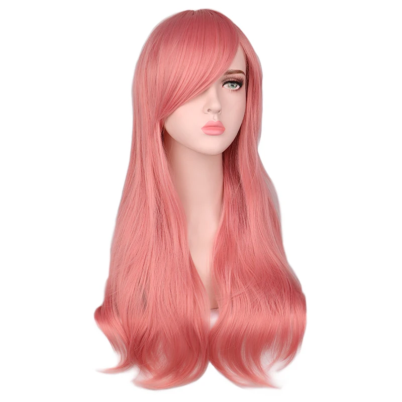 QQXCAIW Women Long Wavy Cosplay Wig Red Rose Pink Black Blue Sliver Gray Brown Temperature Synthetic Hair Wigs