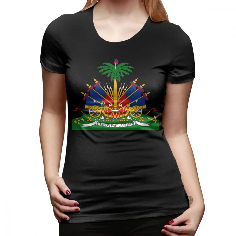 Для женщин герб Гаити с круглым вырезом футболка короткими рукавами черный