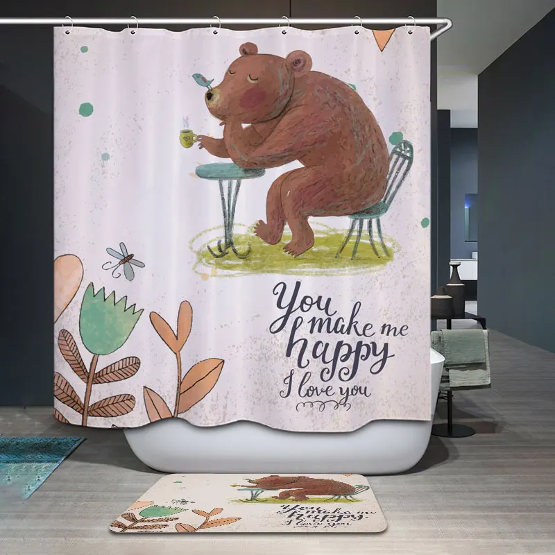 decorUhome Polyester Waterproof Bear With Heart Plant Letter Shower Curtain Bathroom Curtains 12 Hooks Mildewproof Bath | Дом и сад
