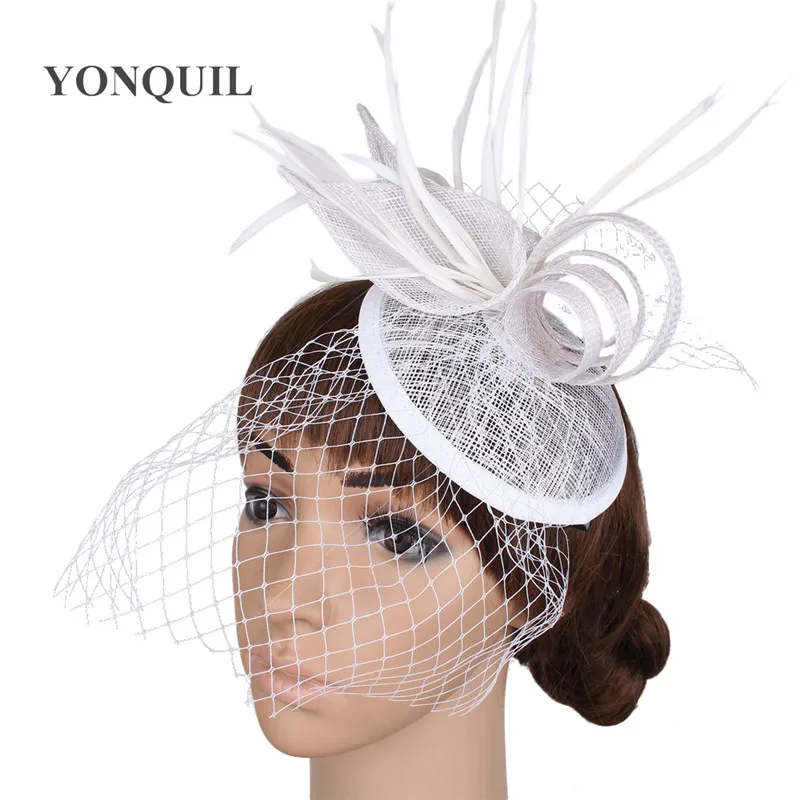 

Sinamay Bridal Veils White Fascinators Wedding Hats Mesh Headwear Race Feather Hair Accessories Cocktail Millinery New Arrival