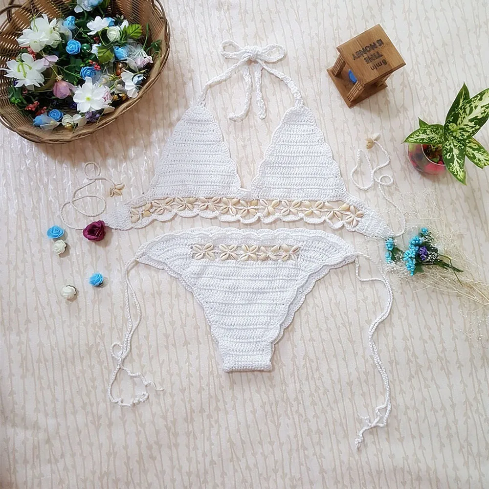 Sexy Handmade Crochet Swimwear 2018 New Brazilian Low Rise Biquinis Set Women Strappy 2 Pcs Swimsuit Halter Trikini |