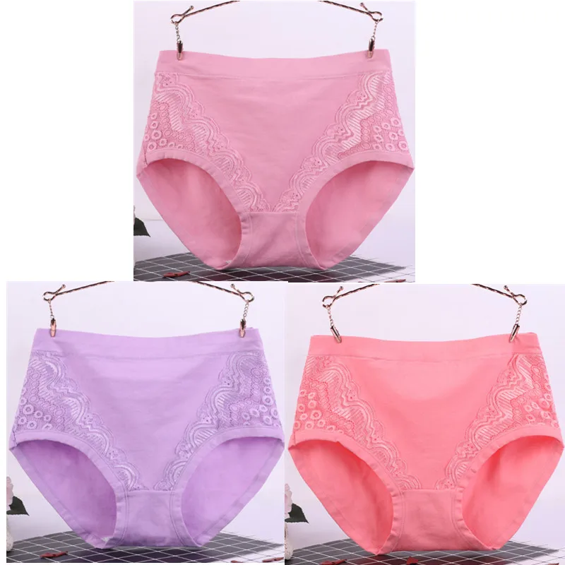 mei red purple pink 3 шт./лот, XL-6XL, большие размеры, высокая талия, женские трусики, одноцветные хлопковые трусы, нижнее белье, женские сексуальные кружевные бесшовные трусы 6634 - Цвет: mei red purple pink