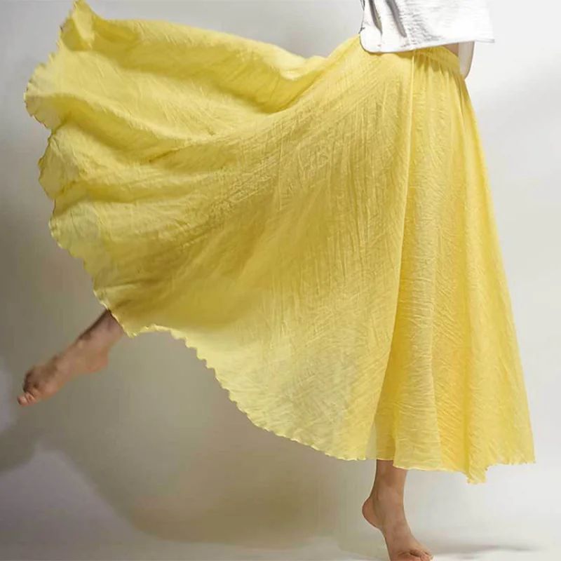 Yellow Aonibeier 85 см двухслойная хлопчатобумажная Салфетка льняная женская Юбка-миди весна осень модная Эластичная Высокая талия Повседневная юбка длиной до лодыжки - Цвет: Yellow