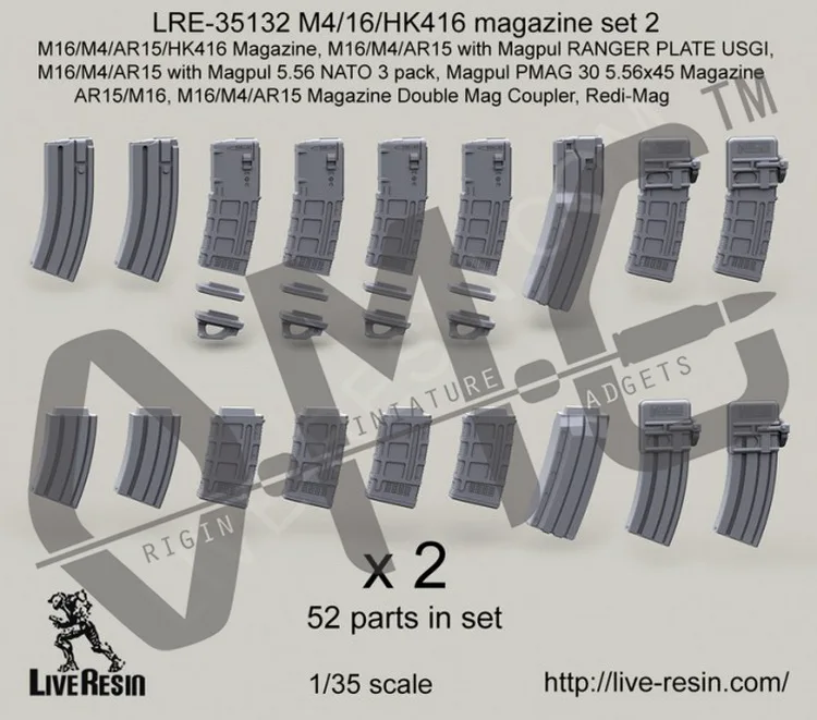 Набор журналов из смолы 2 M16/M4/AR15/HK416 серия Live 1/35 M16/M4/AR15/HK416|Наборы для сборки