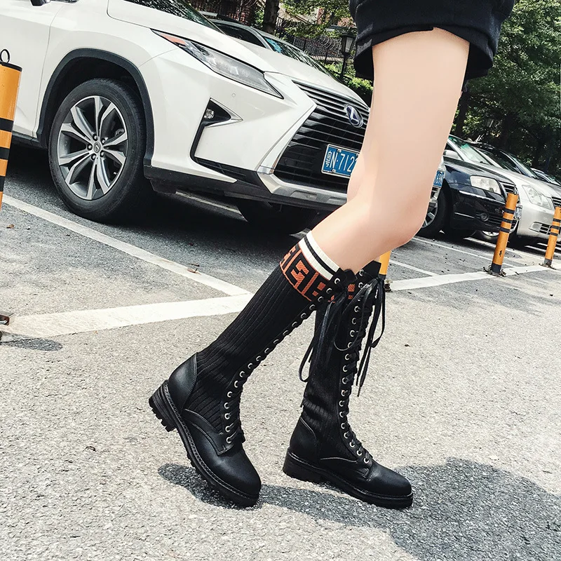 Winter Boots Women Lace Up Sock Ladies Martin Ankle Thigh High Booties 2018 Western Long Botas Mujers Autumn | Обувь