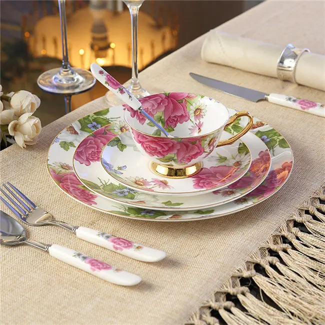 Full Tableware E Европейский пасторальный костяной фарфор, набор посуды с вилкой, нож, тарелки, Британский Королевский современный фарфор, столовые приборы, столовая посуда - Цвет: Full Tableware E