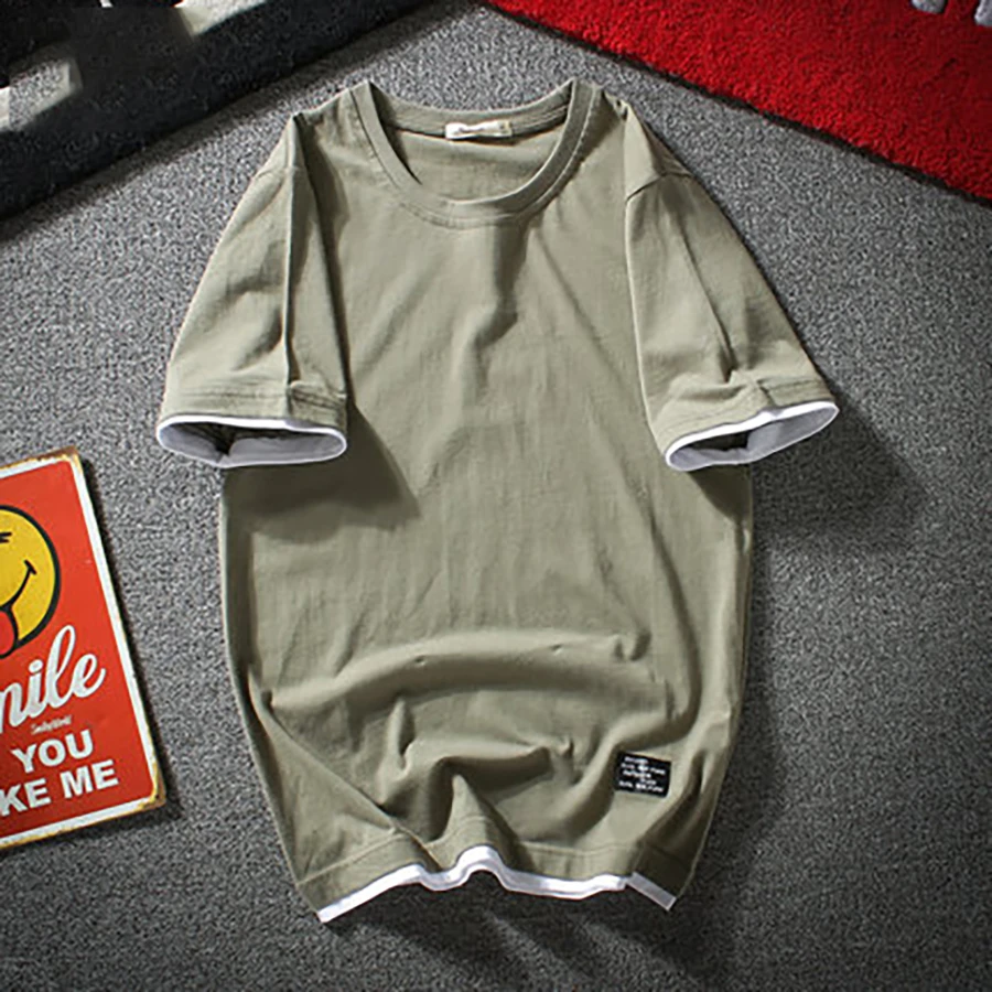 Мужская хлопковая футболка с коротким рукавом однотонная Японская уличная