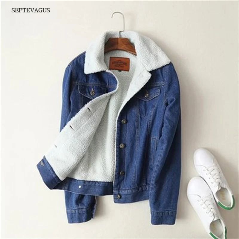 

Woman Jacket Spring Autumn Winter Women Lambswool Jeans Coat With Pockets Long Sleeves Warm Denim Coat Outwear Wide Denim Jacket