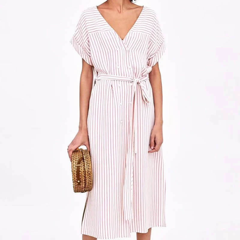 2018 Summer New Style Long Striped Women's Shirt Dress V-neck Double Breasted d0196 | Женская одежда