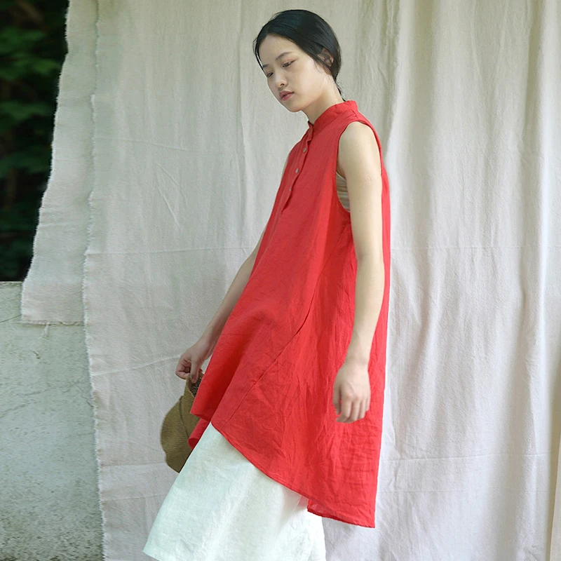 Johnature 2021 Summer New Stand Women Solid Color Shirt Dress Button Sleeveless Clothes Vintage Casual Cotton Linen Vest Dresses | Женская