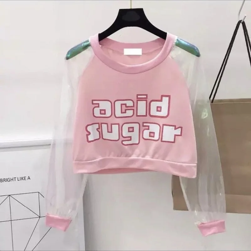 Pink Женская футболка в стиле Харадзюку, сетчатая пряжа, длинный рукав, для выступлений, женская одежда, сексуальная, с буквенным принтом, прозрачная, Ulzzang, милые, Забавные топы - Цвет: Pink