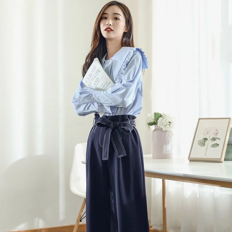 TWOTWINSTYLE Striped Tops Female Large Size Flare Long Sleeve Peter Pan Collar Patchwork Shirt For Women 2018 Autumn Fashion New |
