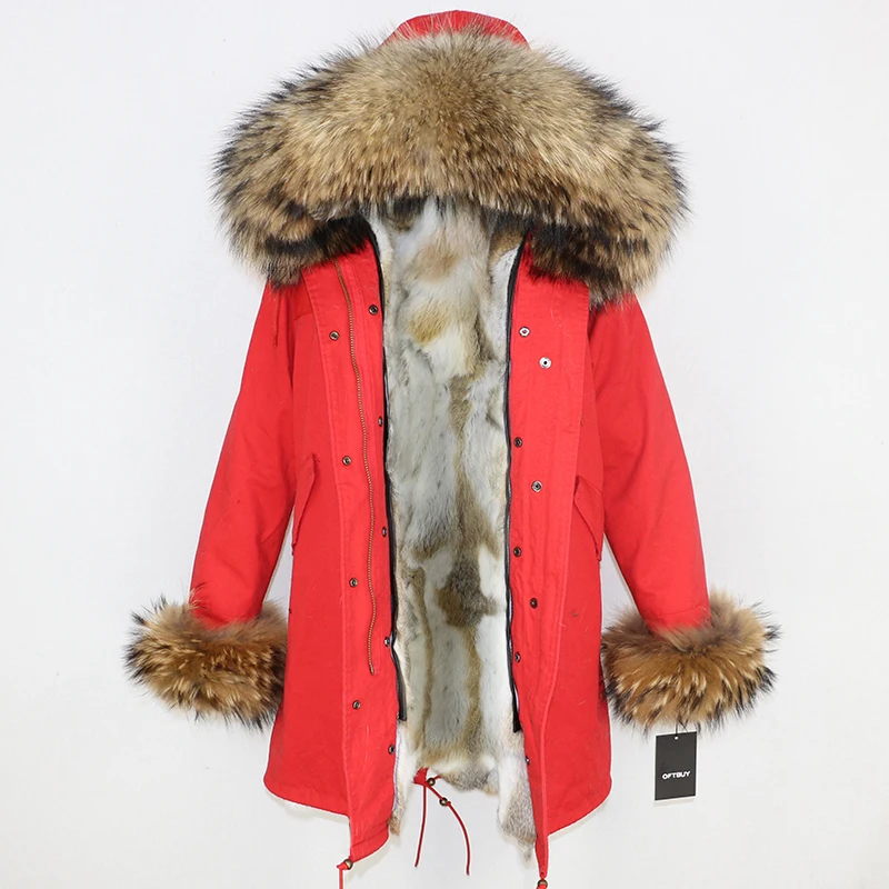 red natural XD OFTBUY длинная парка, пальто с натуральным мехом, зимняя куртка для женщин, воротник из натурального меха енота, капюшон, теплая толстая подкладка из меха кролика, уличная одежда - Цвет: red natural XD