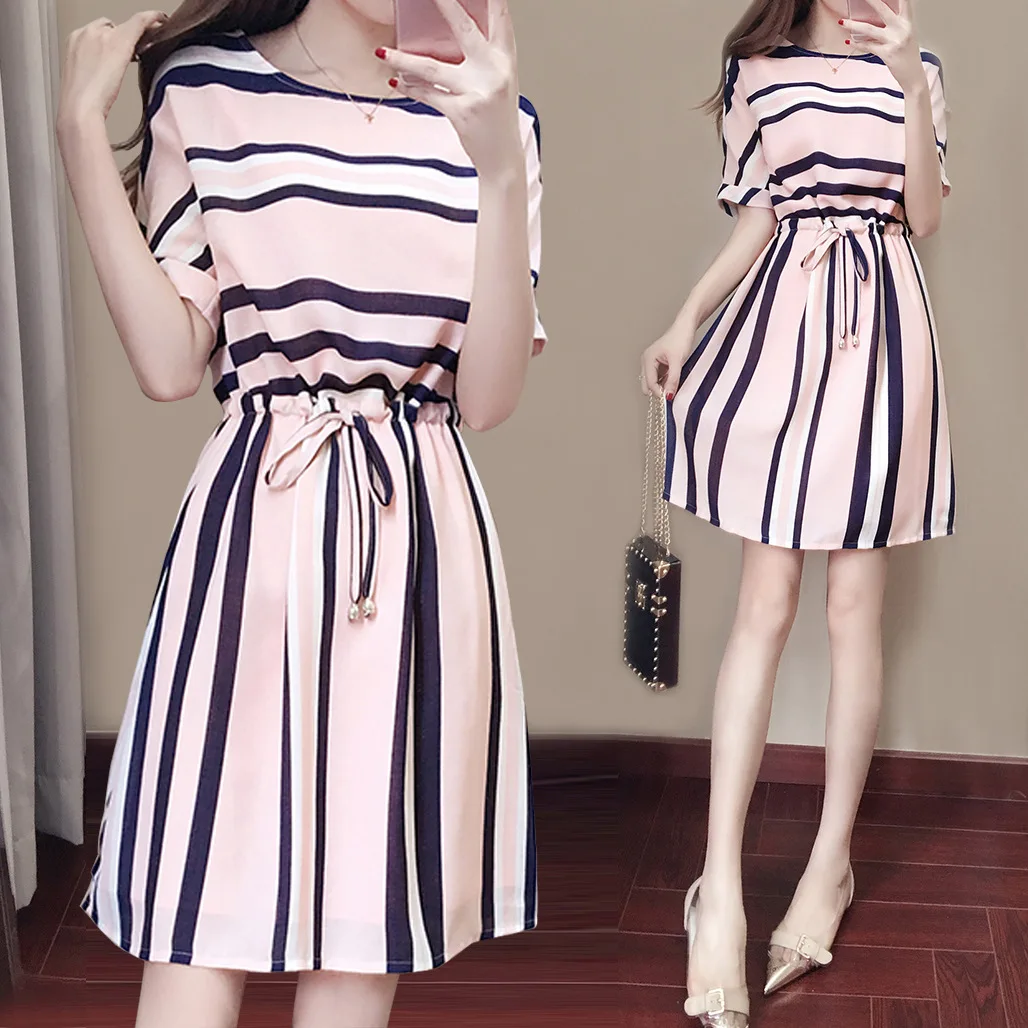 Pink Striped Dress Summer Sundress 2017 Women Clothing Short Sleeve Fashion Dresses Female Vestidos de festa Z3-WD11 | Женская одежда