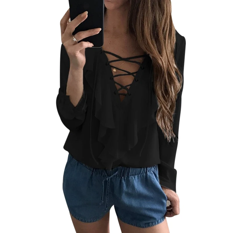 Пикантные Шифоновая блузка рябить Blusas Mujer женские Топы Кружева V шеи с ремешком