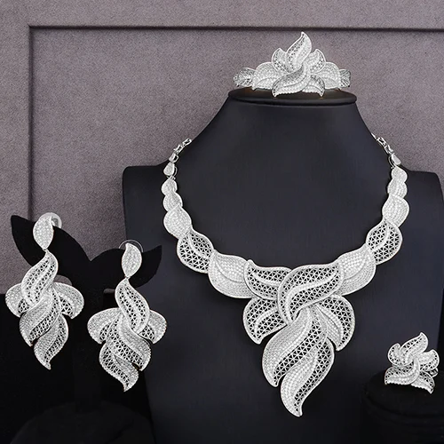 Silver Godki роскошный лист перьев нигерийские комплекты ювелирных изделий для женщин свадебный кубический циркон CZ Дубай золотой свадебный ювелирный набор - Окраска металла: Silver
