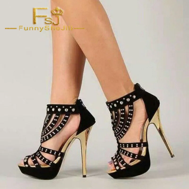 

Women's Black Silver Studs Strappy Stiletto Heels Sandals Summer Generous Incomparable Attractive Fashion Noble FSJ Elegant