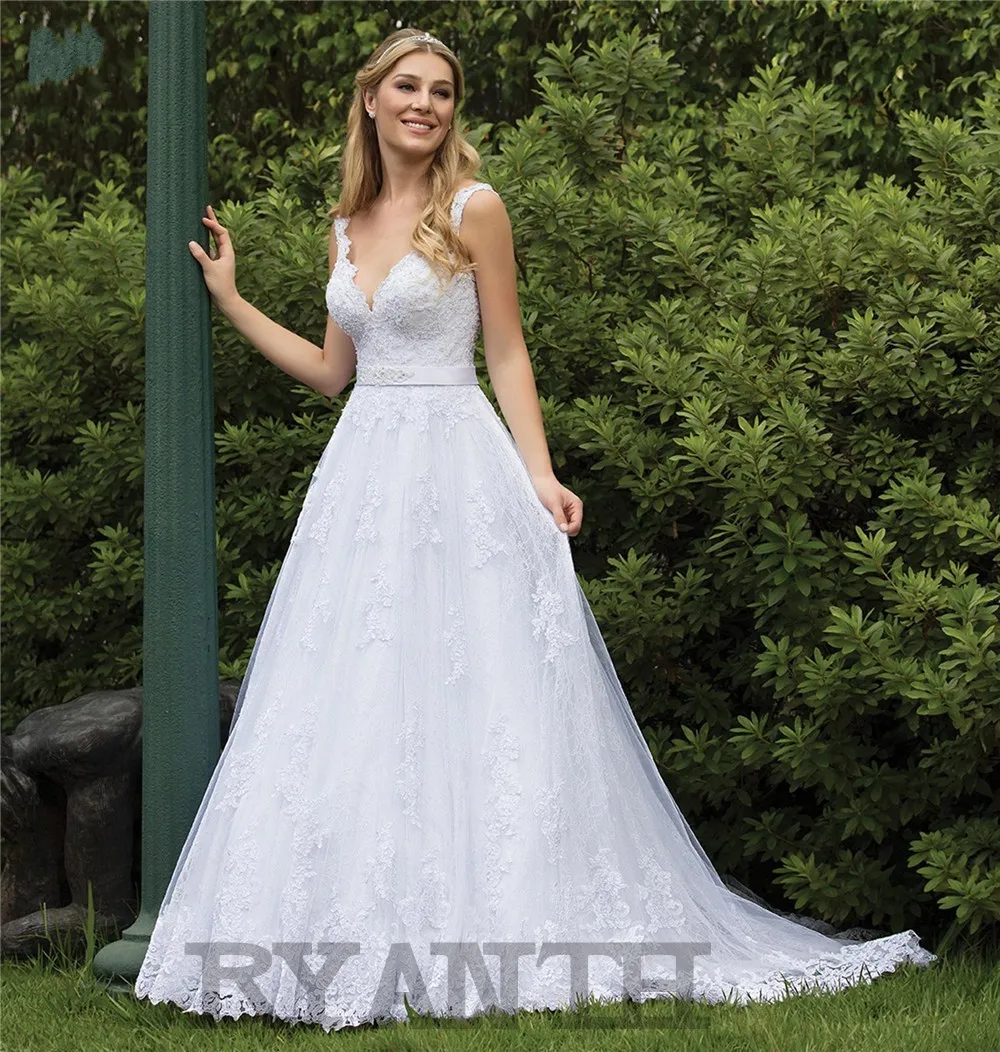 

Vestido de noiva Custom Made Spaghetti Strap Lace A Line Wedding Dress 2019 Vestidos de novia Crystal Belt Wedding Gowns