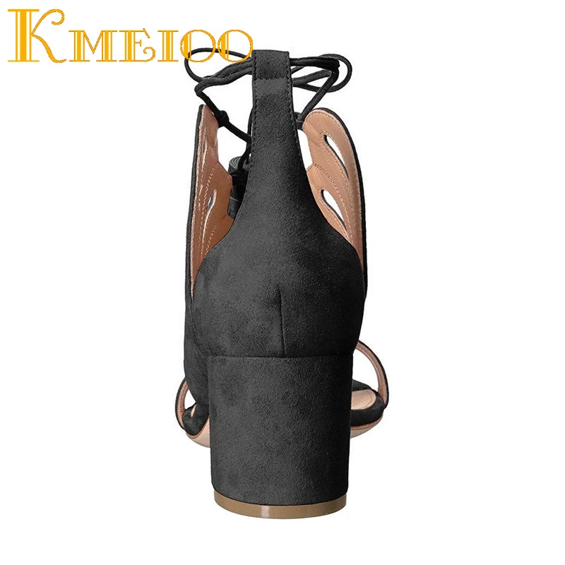 

Kmeioo New US Size 5-15 Hot Sale Fashion Women Shoes Fringe Sandals Cut Out Square Heels Suede Lace-up Shoes For Dress 6CM