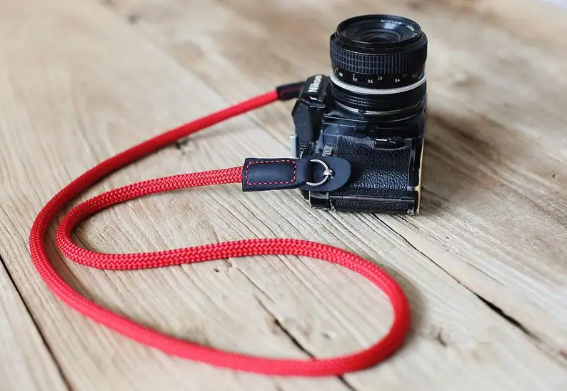 COOL pure red climbing rope 8mm black leather handmade Camera neck shoulder strap &amp Windmup |