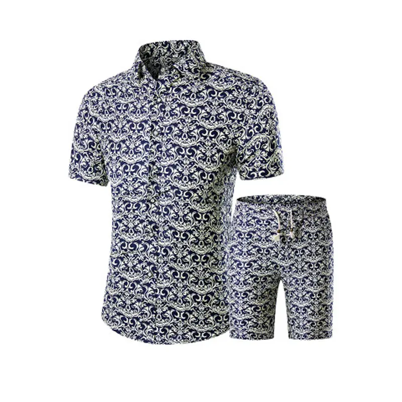 

Summer Men Printed T-shirt + Shorts Decorative Pattern Two Piece Sets Plus Size Camisa Masculina