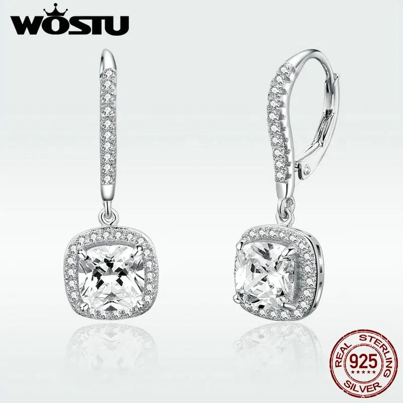 WOSTU Настоящее серебро 925 пробы модные квадратные серьги капли с прозрачными