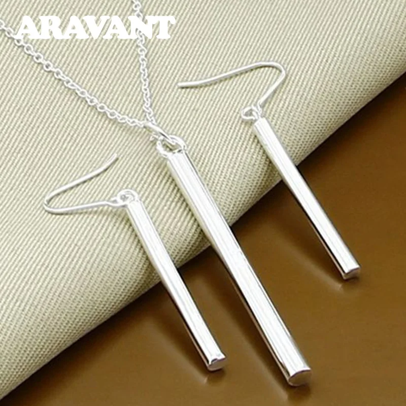 

925 Silver Jewelry Sets Round Column Necklaces Drop Earring Jewelry For Women