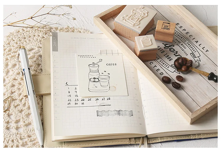 Кофейный набор 13 шт \ DIY креативный Милый Забавный штамп Деревянный уплотнитель дневник календарь скрапбук набор канцелярских принадлежностей для студентов