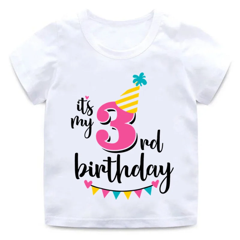 White-C Забавные принты с надписями, футболка с надписью «Happy Birthday Number» для детей 1-8 лет, летние белые топы для маленьких девочек, футболка с номером для дня рождения - Цвет: White-C