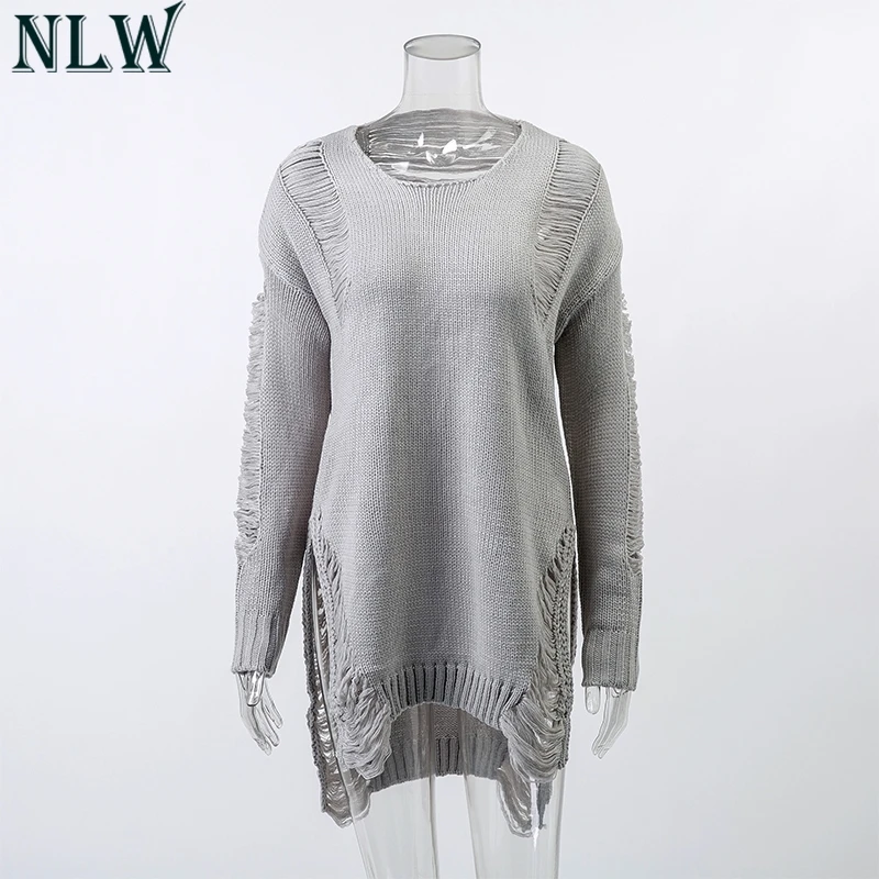 NLW Hollow Out Split Knitted Sweaters Women 2018 Autumn Pullover Long Sleeve Black Sweater Casual Winter Chic Gray Jumpers | Женская