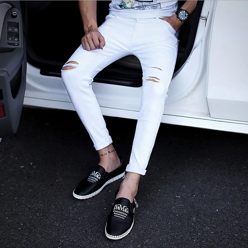 Джинсы мужские рваные джоггеры брюки Slim Fit повседневные с дырками брюки-карандаш
